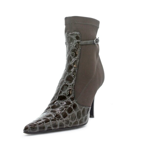 Donald J Pliner Fabric and Croc Embossed Pointed Toe Stiletto Boots: Size 8.5 M - Picture 3 of 9